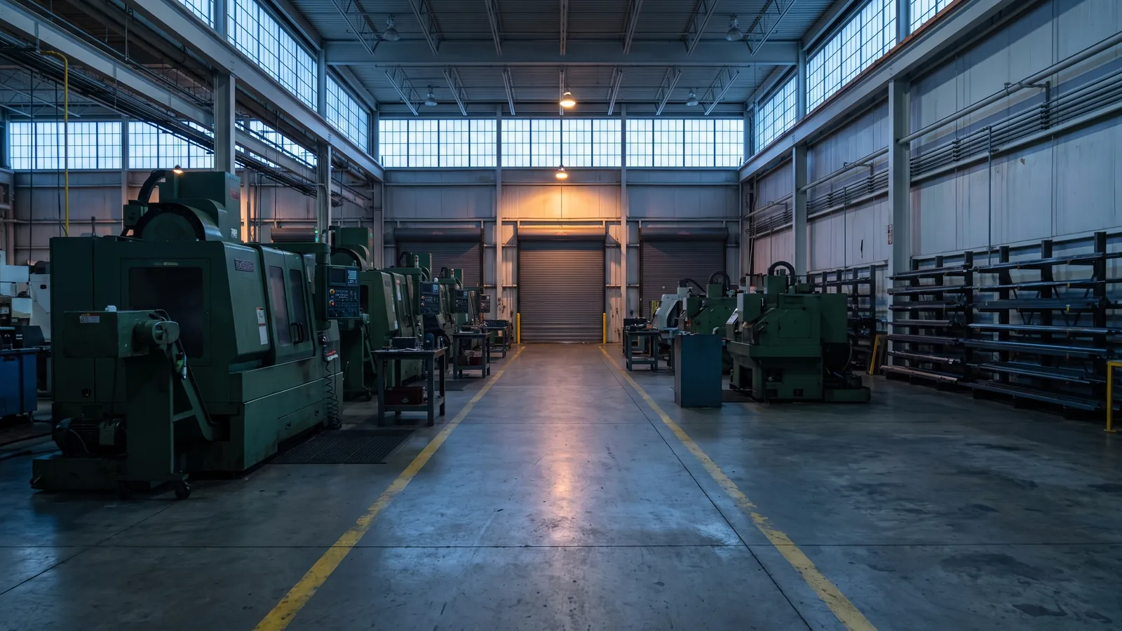 A mid-size machine shop early in the morning: rows of CNC machining centres down a yellow-striped aisle, steel bar stock racked along the far wall and the dock doors closed at the end.