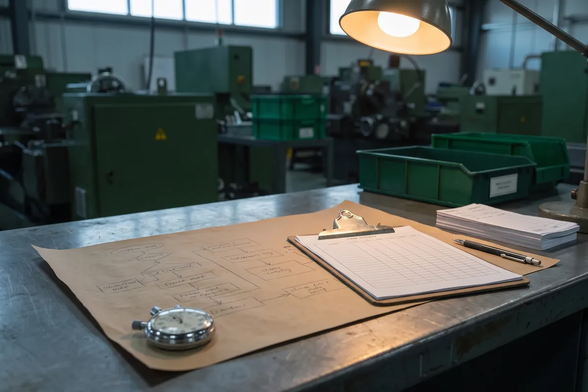 A hand-drawn workflow map on brown butcher paper, weighted down by a mechanical stopwatch and a clipboard holding a blank time-study grid, on a steel bench with green parts totes behind it.