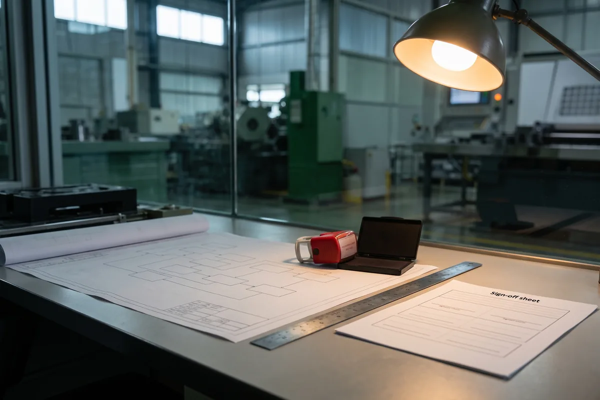 A printed process-flow diagram laid flat on a drafting table beside a red rubber approval stamp, a steel ruler and a sign-off sheet with its signature lines still empty.