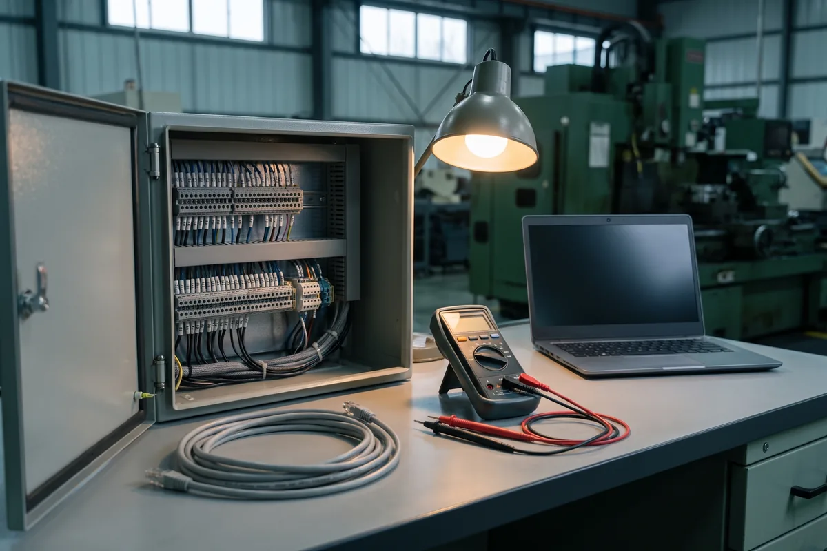 An open control cabinet showing neatly loomed and numbered wiring on terminal strips, with a digital multimeter, a coiled patch cable and a closed laptop on the build bench.
