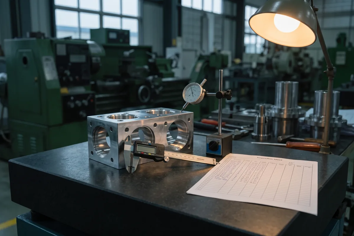 A freshly machined aluminium manifold block on a black granite inspection plate, a digital caliper opened across one bore, a dial indicator on a magnetic stand and a ruled inspection sheet alongside.