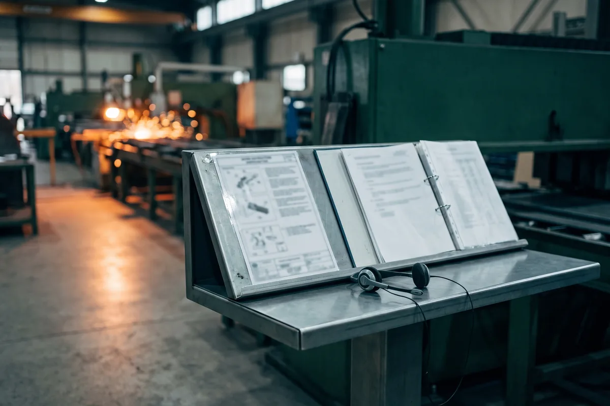 A line-side operator station: a work instruction clipped to an angled steel stand with a ring binder open beside it, the warm glow of a running production line far behind.