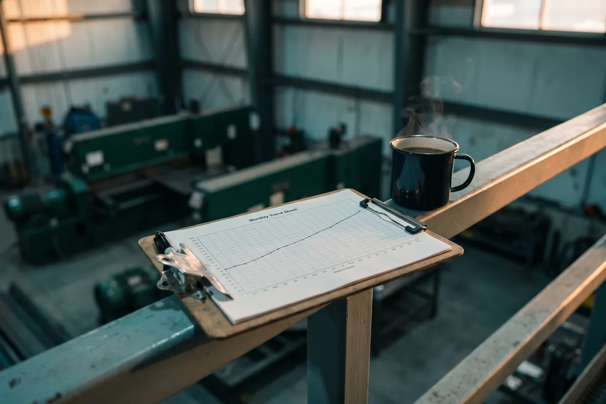 A clipboard resting on a steel handrail above the plant floor at dawn, holding a printed monthly trend sheet whose plotted line rises, an enamel mug of coffee steaming on the rail.
